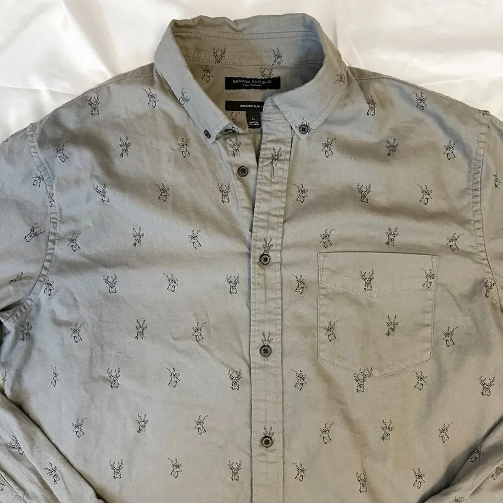 Banana Republic Luxe Flannel Shirt Mens Size L Gray Untucked Slim Fit Deer Stag
